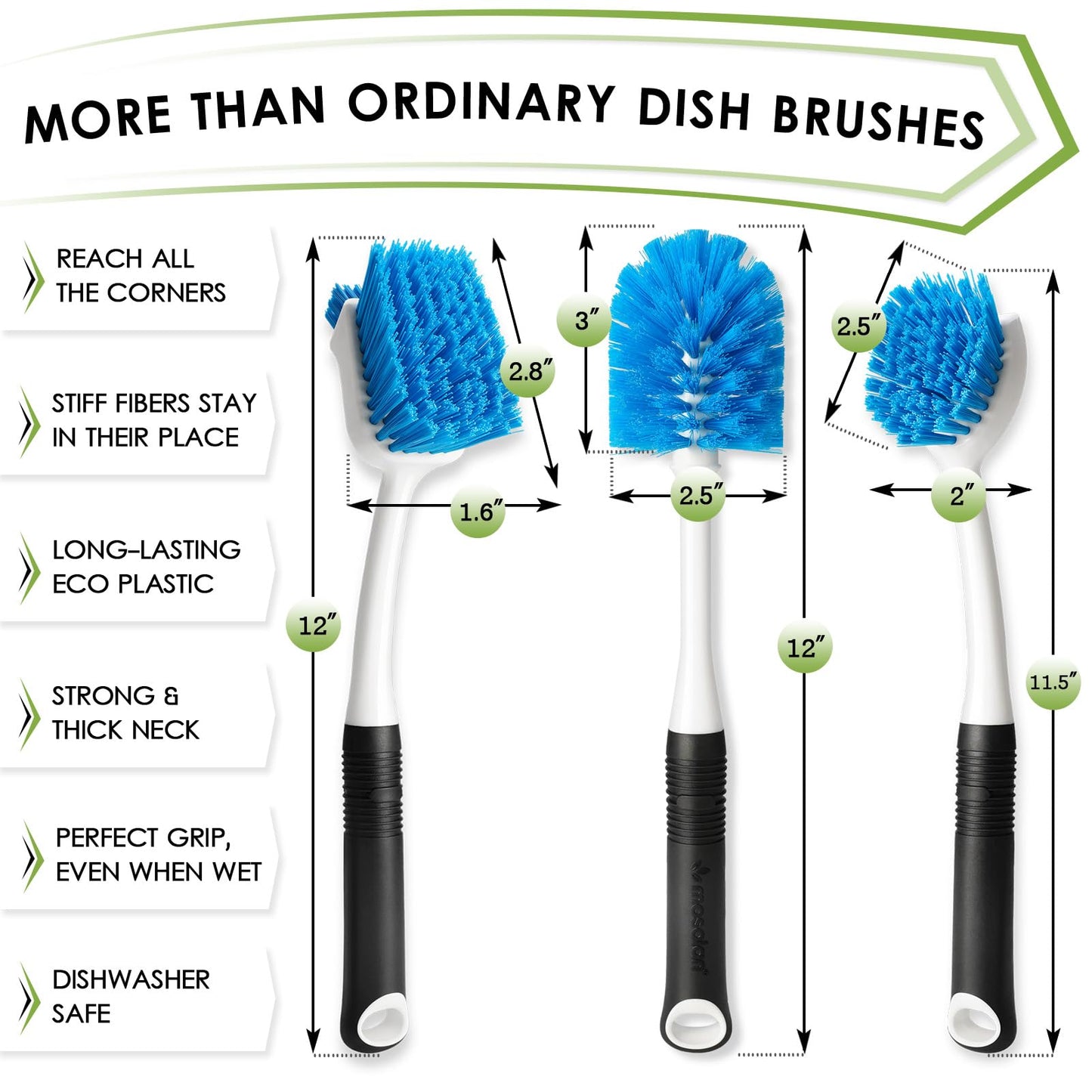 MOSOLAN Dish Brush Set of 3 with Water Bottle Brush, Dish Scrub Brush and Scrubber Brush, Long Handle Kitchen Scrub Brushes for Dishes, Bottles, Cups, Pots, Pans and Sinks, Round Head