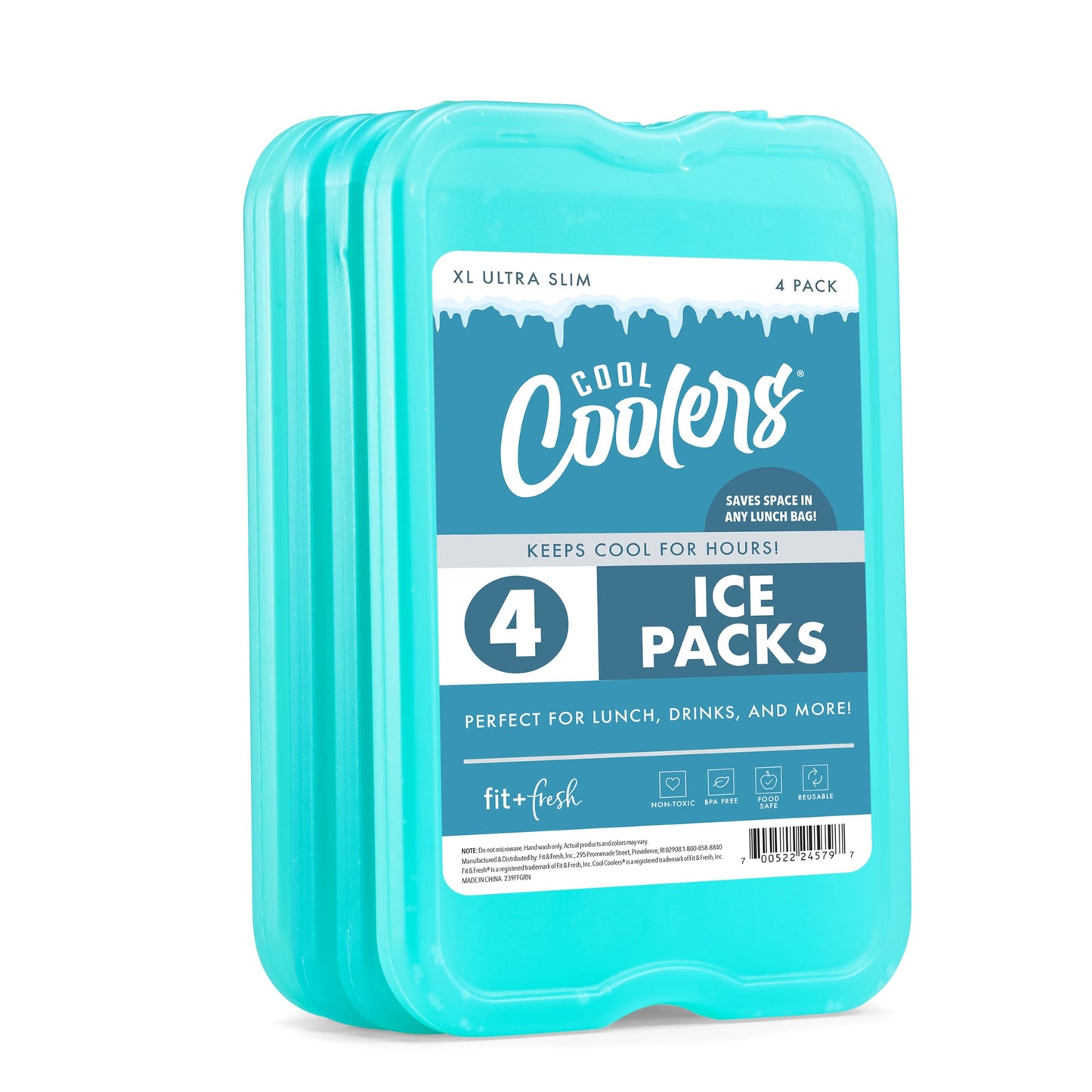 Cool Coolers by Fit + Fresh Slim Compact Reusable XL Ice Pack, Perfect for Lunch Boxes and Beach Bags, Green, 4 Pack