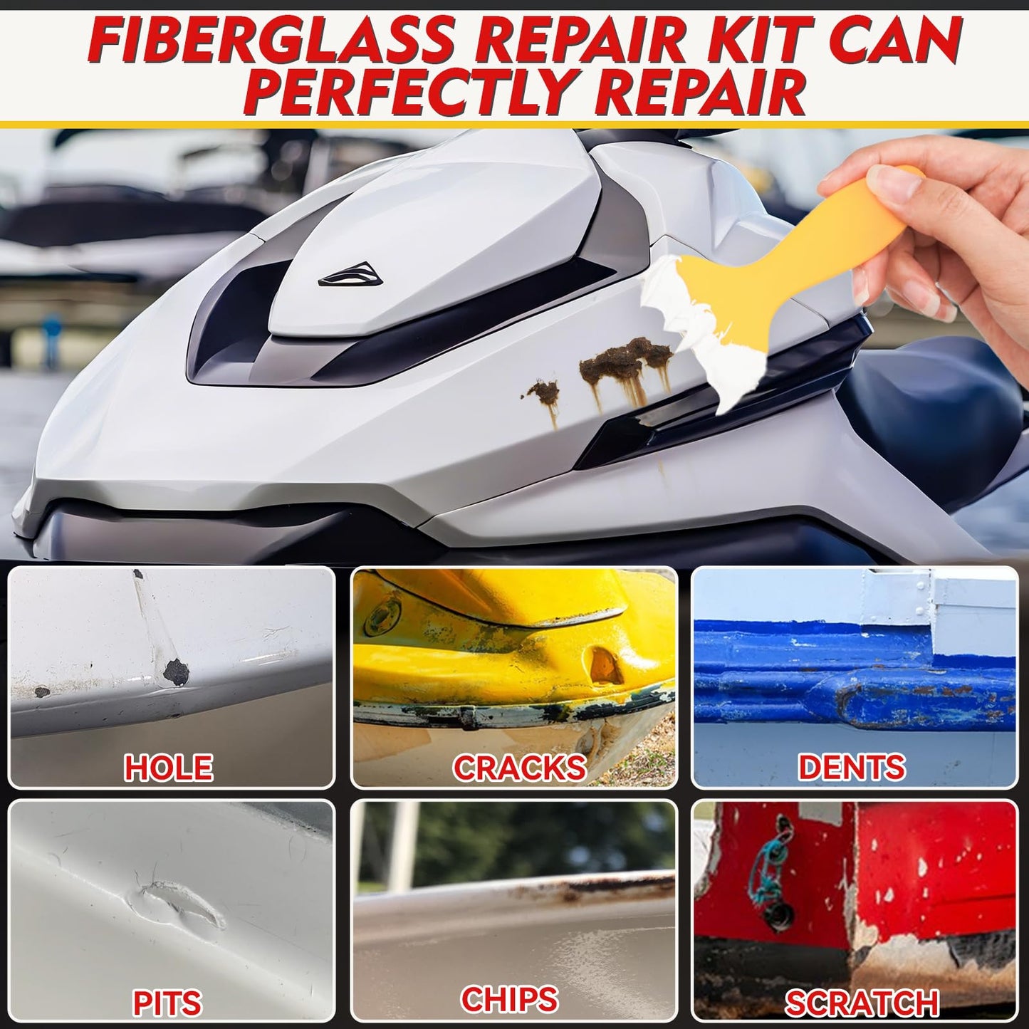 Yeardera Marine Fiberglass Repair Kit, Boat Gel Coat Repair Kit, Waterproof Fiberglass Repair Kit for Boats & Kayaks, Fiberglass Kit Fix Holes, Chips, Deep Cracks, Scratches(Color Match)