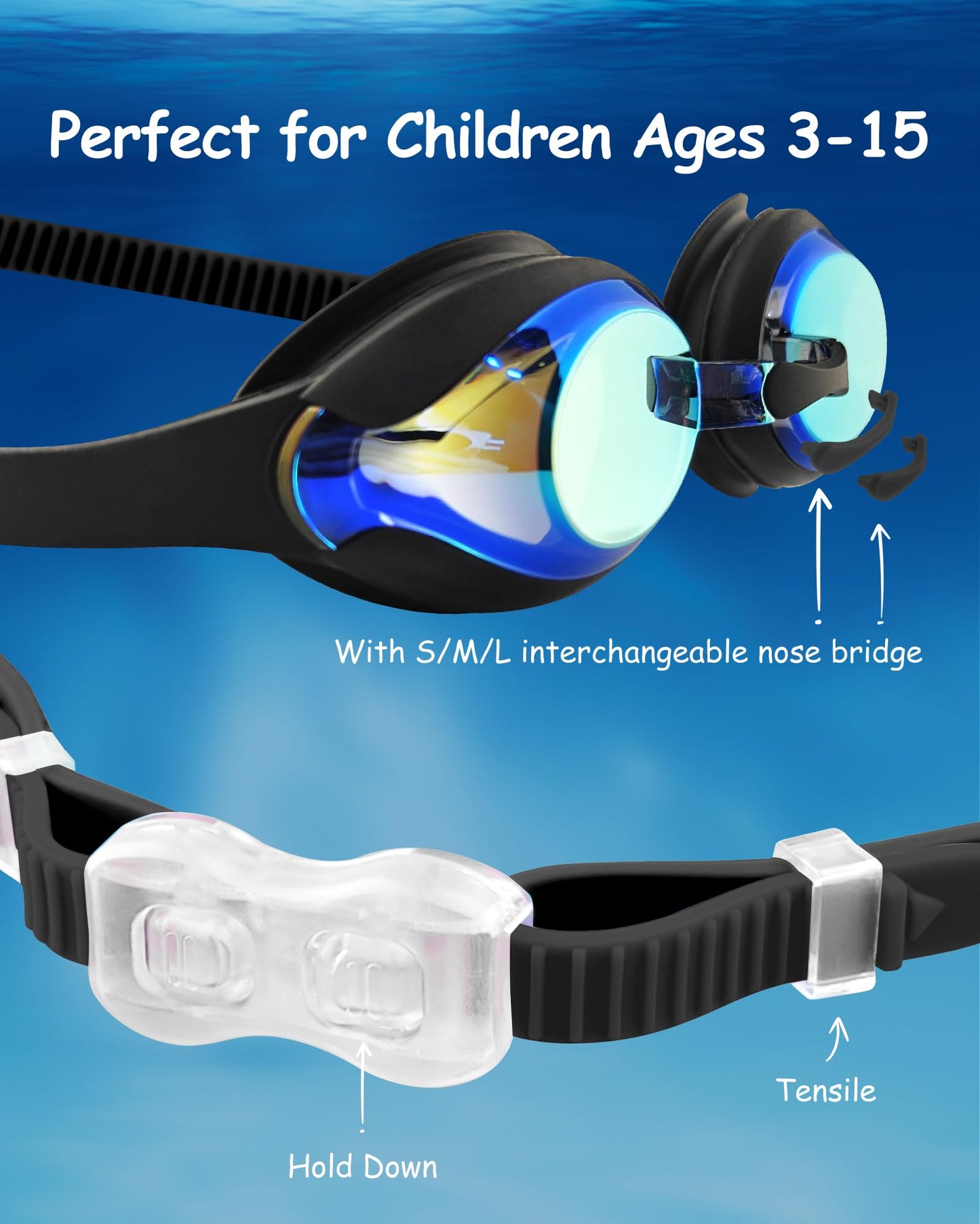 Hurdilen Kids Swim Goggles, Anti-fog and UV Protection with Swimming Cap for Age 3-15 Youth Boys Girls Toddler (Black)