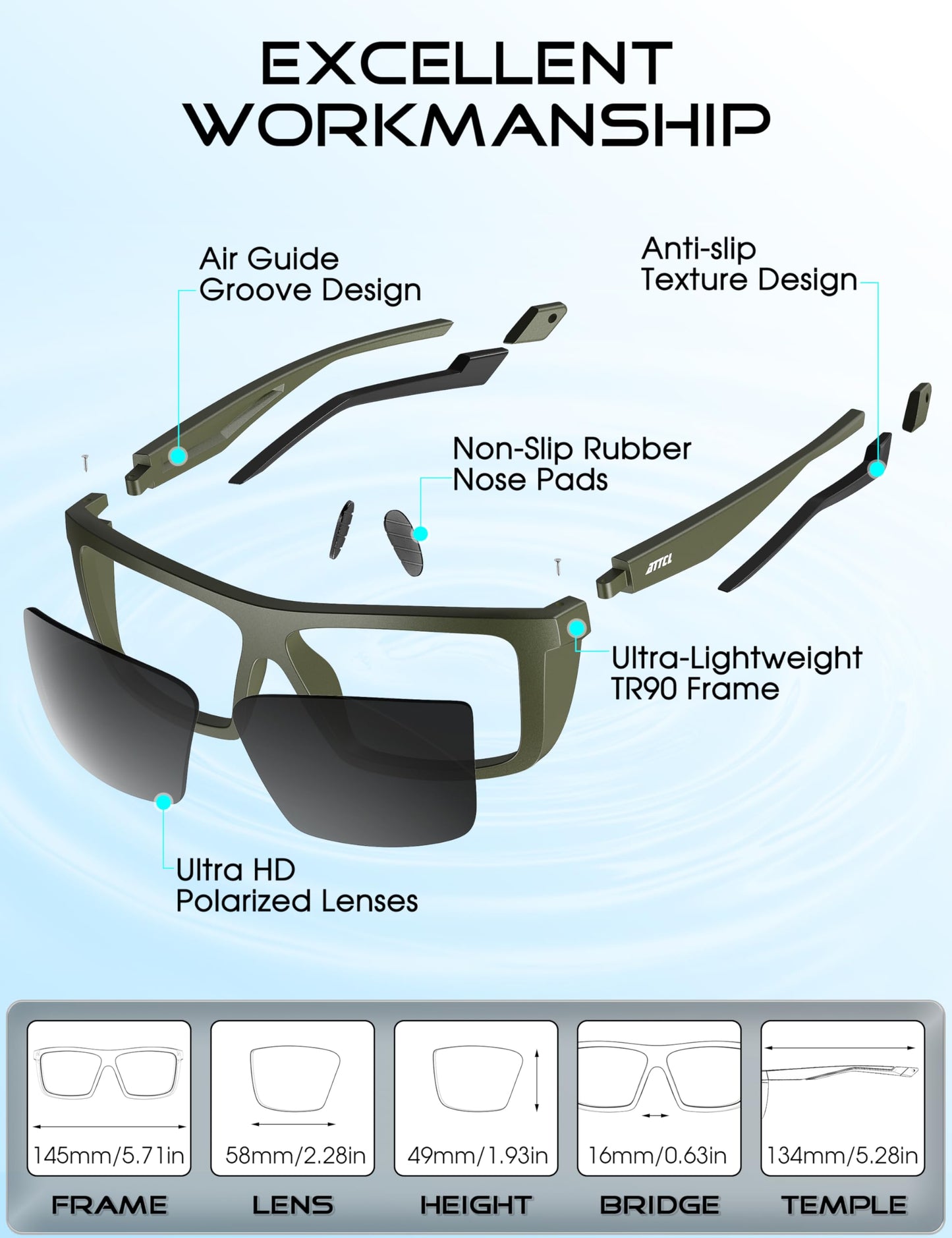 ATTCL Sports Polarized Sunglasses for Men: Secure Anti-Slip Lightweight TR90 Square Frame UV Protection for Driving Fishing Climbing 1124 Darkgreen Grey