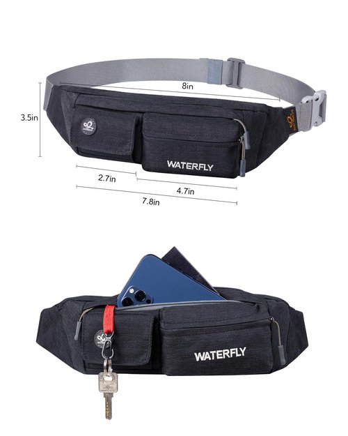 WATERFLY Fanny Pack for Women Men Water Resistant Small Waist Pouch Slim Belt Bag with 4 Pockets Lightweight Crossbody Chest Bag Fit All Phones, 11.02 x 2.1 x 4.3 inch