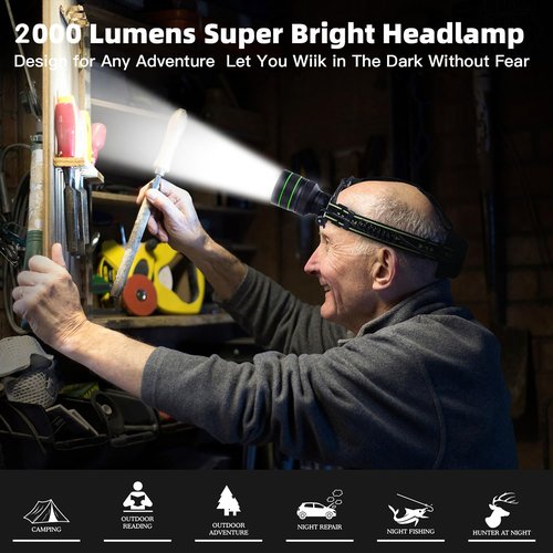 RFIUCH 2000LM Super Bright LED Rechargeable Headlamp, Zoomable Head lamp with 5 Lighting Modes, 90° Adjustable & IP67 Waterproof for Camping | Hiking | Climbing | Fishing | Hunting | Auto Repair