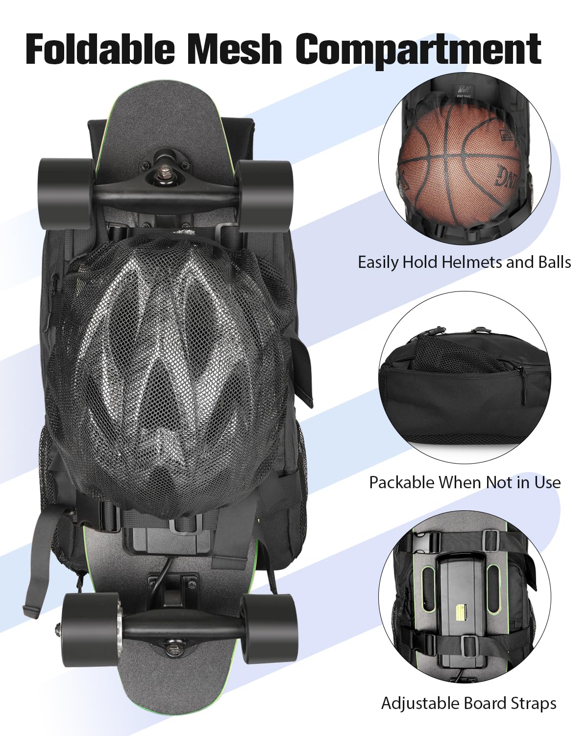 WOLT Skateboard Backpack, 15.6 Inch Laptop Backpack for Men Women, Sports Backpack with Ball Holder for Longboard Basketball Soccer, Black