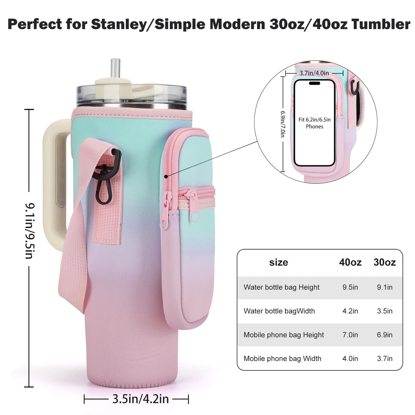 GOEWY Water Bottle Carrier Bag for Stanley 30oz Tumbler with Phone Pocket Water Bottle Holder with Strap Neoprene Water Bottle Pouch for Stanley Cup Accessories