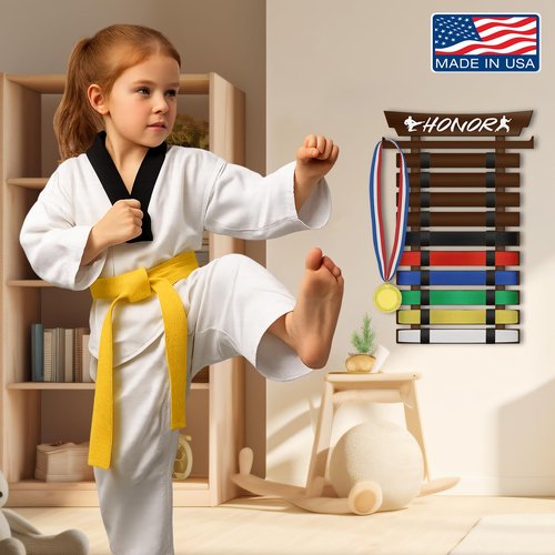 SD FACTORY 12 Belts Karate Belt Display Rack with Stickers Wall Mounted Taekwondo Belt Display No Assembly Required BJJ Kids and Adults Hanging Stands (12)