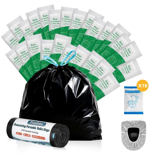 Portable Toilet bags Poo Gel Set, 8 Gallon Drawstring Camping Toilet Bags with Portable Toilet Absorbent Gel and Disposable Toilet Seat,Compostable Thicken Potty Bags for Camping Outdoor Hiking