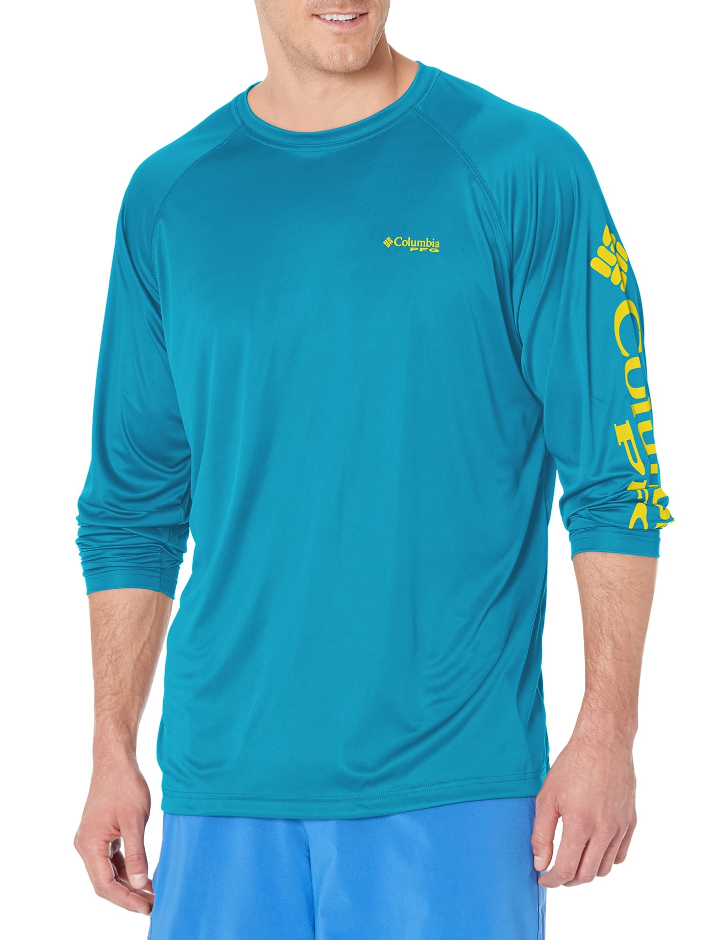 Columbia Men's Terminal Tackle Long Sleeve Shirt, Deep Marine/Laser Lemon Logo, 5X Big