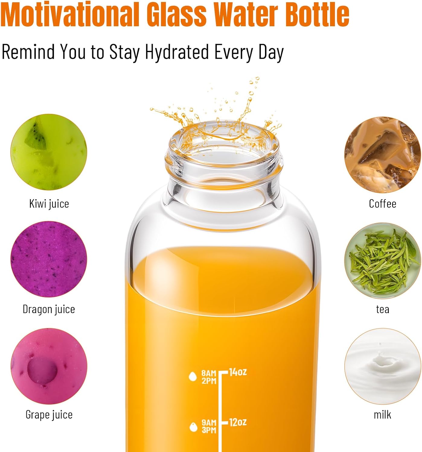 17oz Glass Water Bottles with Time Marker, Glass Bottles with Lid, BPA-Free Reusable Bottle for Gym, Office