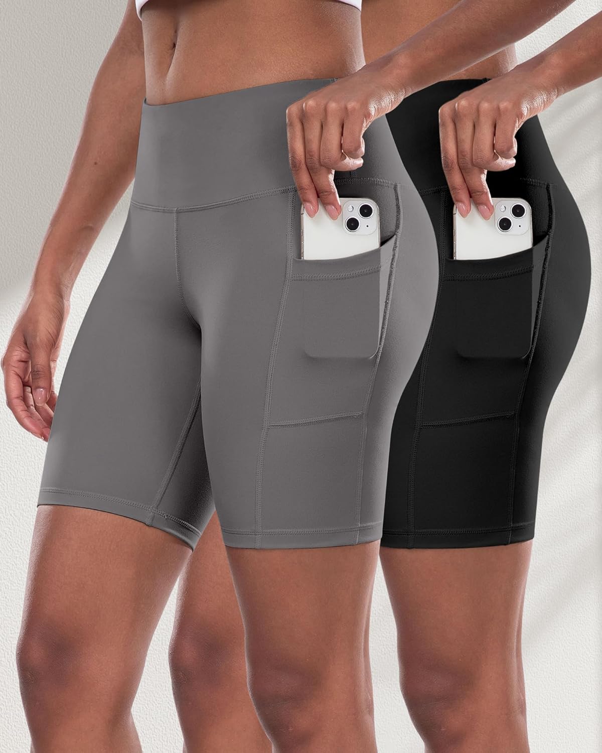 2 Packs Biker Shorts with Pockets for Women, Tummy Control High Waist Spandex Shorts 8" (2BlackDGrayLGray, XL)