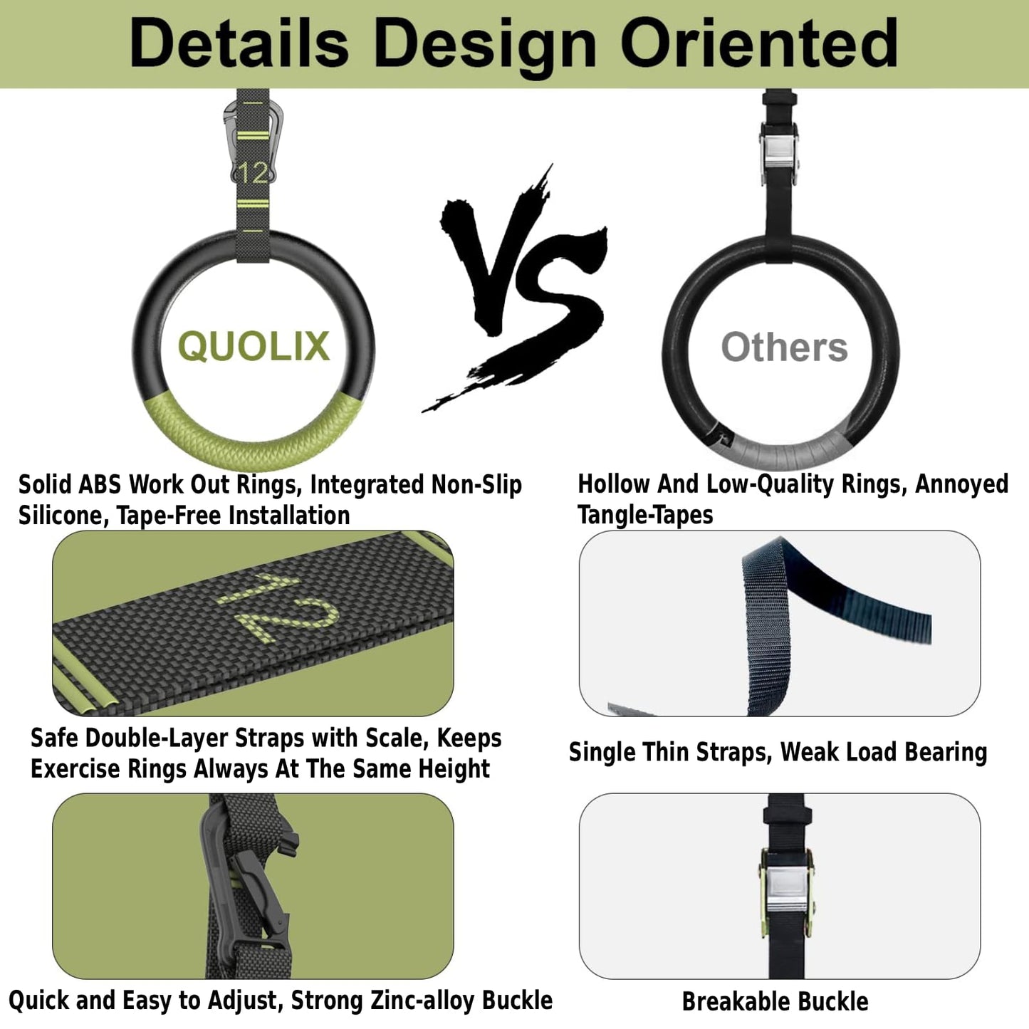 QUOLIX Gymnastic Rings & Olympic Rings with Adjustable Straps, Non-Slip Pull Up Rings with Straps, 1300lbs Exercise Rings for Men Women, Gymnastics Rings for Home Gym, Workout, Exercise, Calisthenic