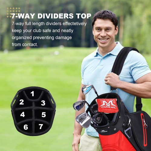 MAZEL Golf Cart Bag with 7-Way Full Length Dividers Top and 9 Pockets,Lightweight Golf Club Bag for Men & Women (Red Black)