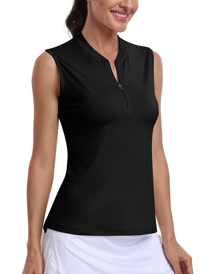 MoFiz Sleeveless Polo 1/4 Zip Collarless Golf Top - Black, Small