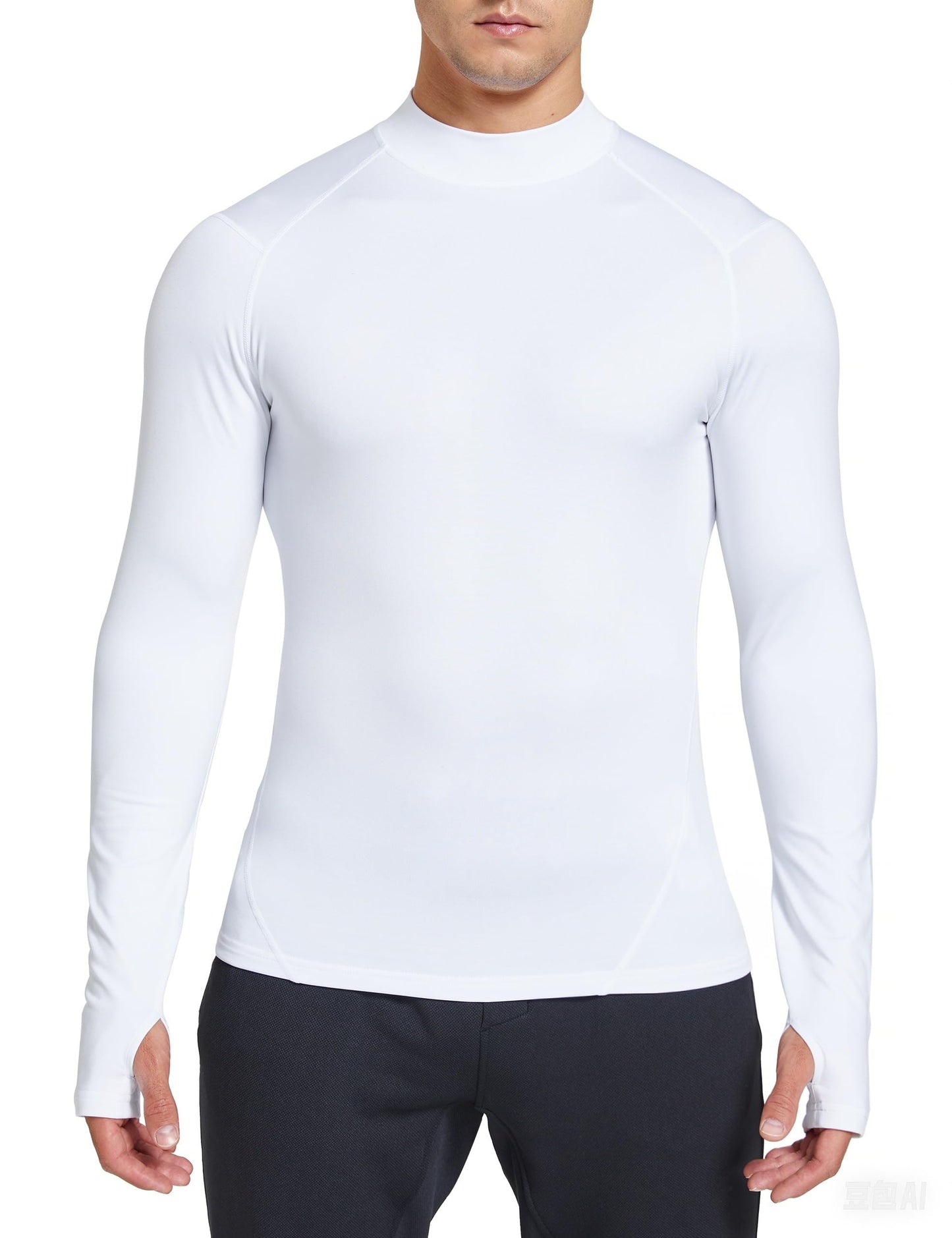 FitsT4 Sports Men's Thermal Shirt Fleece Lined Mock Neck Base Layer Tops Long Sleeve Running Athletic Shirt with Thumbholes White L