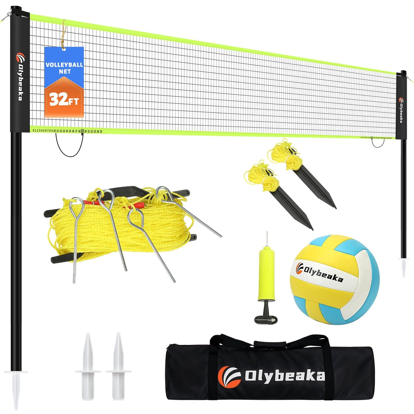 Portable Outdoor Volleyball Net Set for Backyard Beach with Adjustable Poles, Soft PU Volleyball & Pump, Carry Bag and Durable Anti-Sagging Net (Black and Green, 32ft)