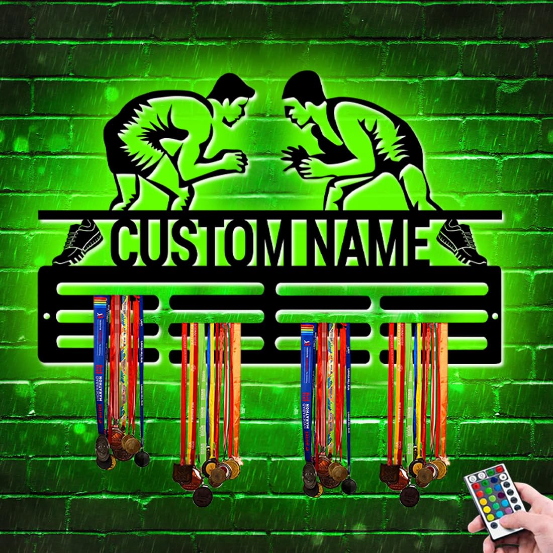 XIAO.Z Personalized Metal Wrestling Medal Hanger Holder Display Rack for Awards Ribbons With Led Light- Custom Sports Medal Holder for Wall,Medal Hanger Display Award Rack With Boy Girl Kid's Name