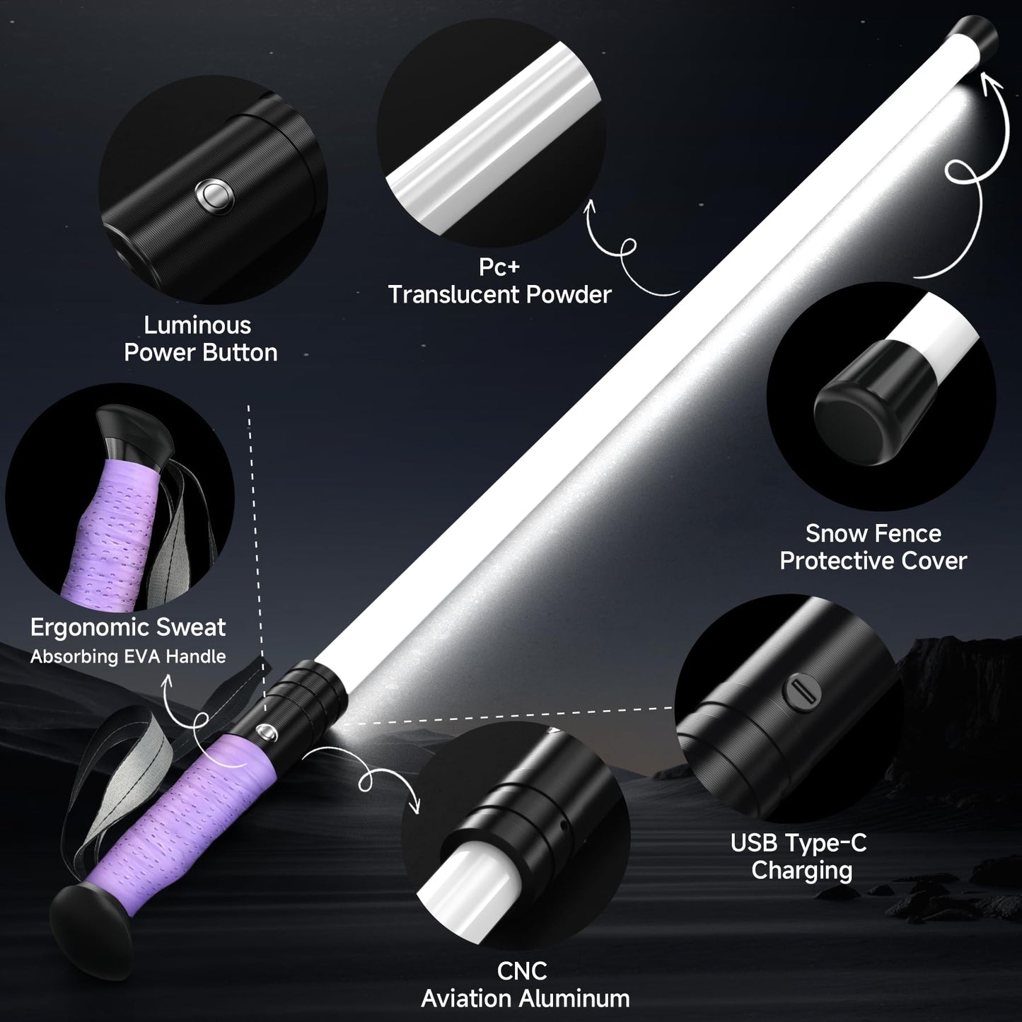 LED Illuminated Hard Hiking Poles, Lighting Tools and Warning Functions, USB Charging, 8-Hour Battery Life, IP55 Waterproof