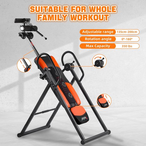 Teclor Advanced Heat and Massage Strength Training Inversion Table for Back Pain Relief,Heavy Duty Inversion Table 350 lbs Capacity with Wider and Thickened Backrest, Orange/Black