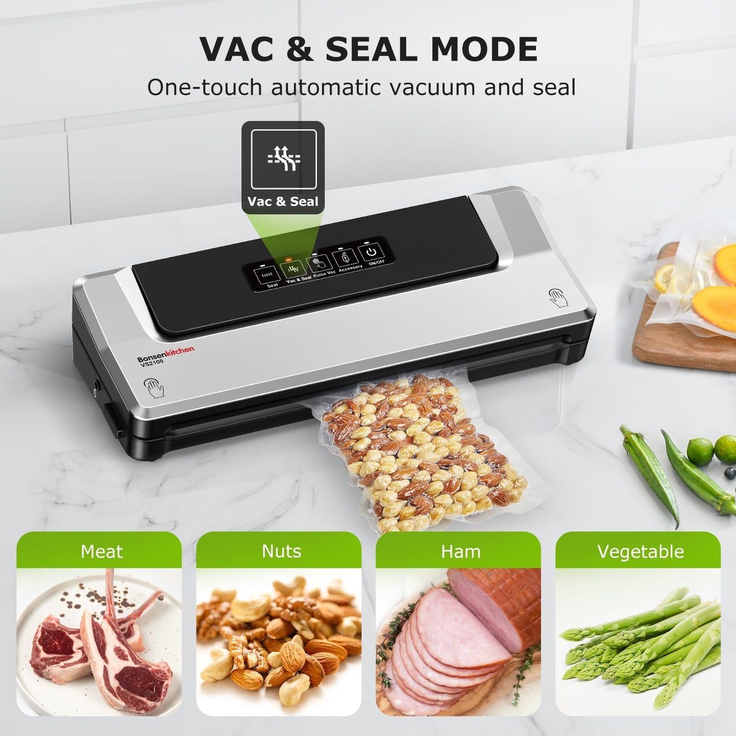 Bonsenkitchen Vacuum Sealer Machine, Fast-Compact Food Sealer, Multi-Functional Food Vacuum Sealer with 5 Vacuum Bags & Accessory Hose, Technology for High-Speed Continuous Working, Silver