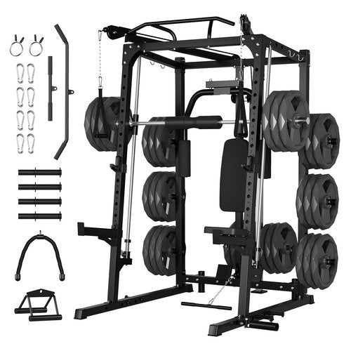 GarveeLife Smith Machine, 2000LBS Squat Rack for Home Gym, Multi-Function Power Cage Cable Crossover System Strength Training Equipment, Lat Pulldown Machines with 8 Weight Storage Pin, T-Bar and More