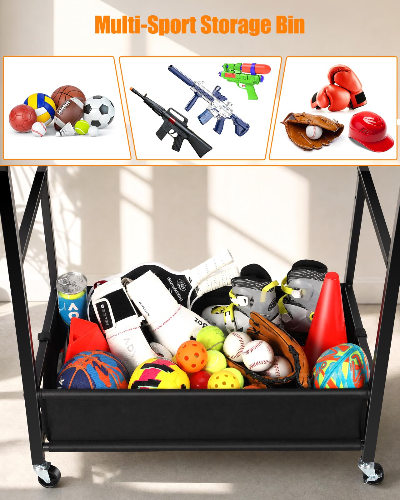 EXTCCT Ball Storage Sports Equipment Organizer - Garage Storage Cart Rolling Ball Storage Rack with Hooks Wheels Outdoor Indoor Gym Gear Toy Holder Bin for Basketball, Baseball, Soccer