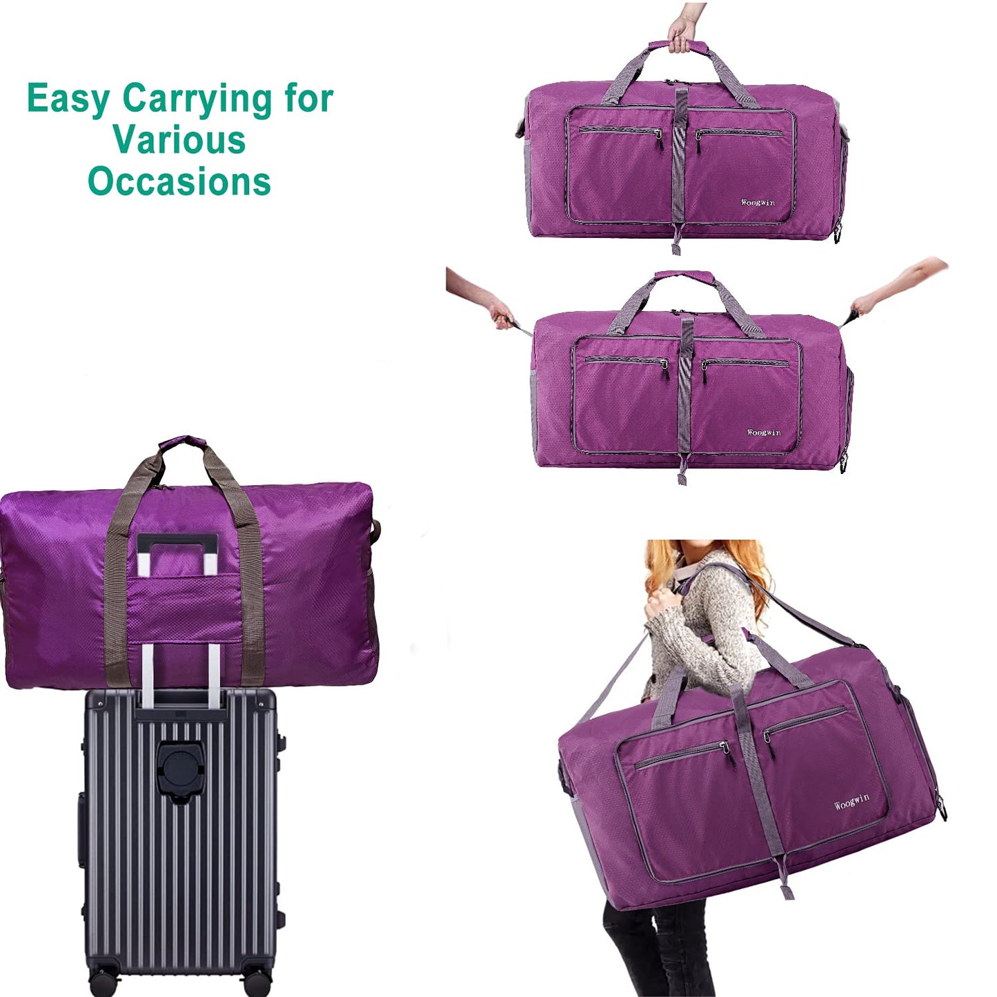 Woogwin Travel Duffel Bag Large Foldable Waterproof Overnight Bag for Beach Swim Bags Pool Sports Gym (100L Purple)