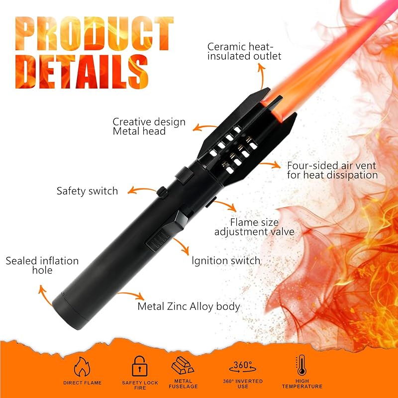 AlpCraft Black Camping Lighter Torch - Refillable, Jet Flame, 1300°C, Windproof
