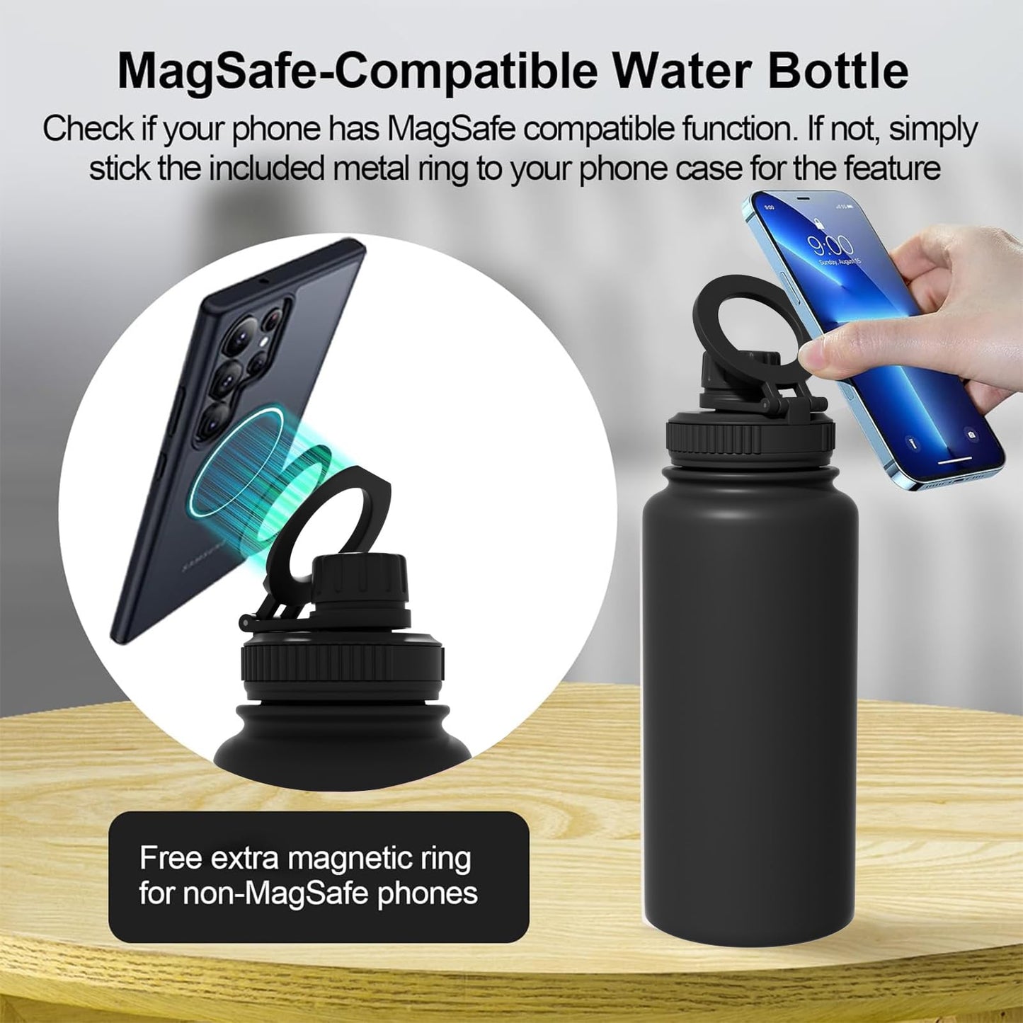 Mikenda 32oz Insulated Tumbler with Magnetic Phone Holder, Gym Water Bottle | Leak Proof Lid, 24hr Cold & 12hr Hot, Non-Slip Base | Travel Mug, Reusable & Eco-Friendly (black, 32, ounces)
