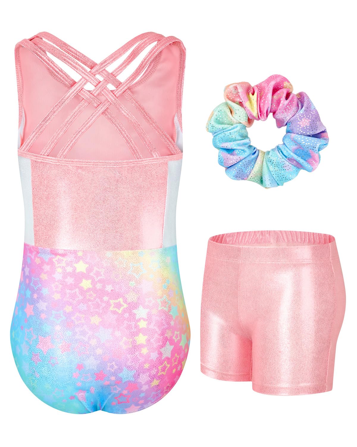 JiAmy Gymnastics Leotards for Girls with Cross Back, Sparkly Dance Unitards with Shorts Biketards Outfit Pink Stars 6-7 years