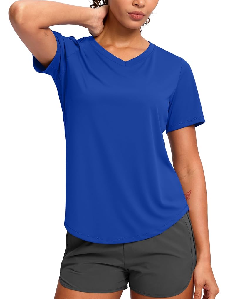 Womens V-Neck Dry Fit Workout Shirt - Short Sleeve Sun Protection, Large, Blue