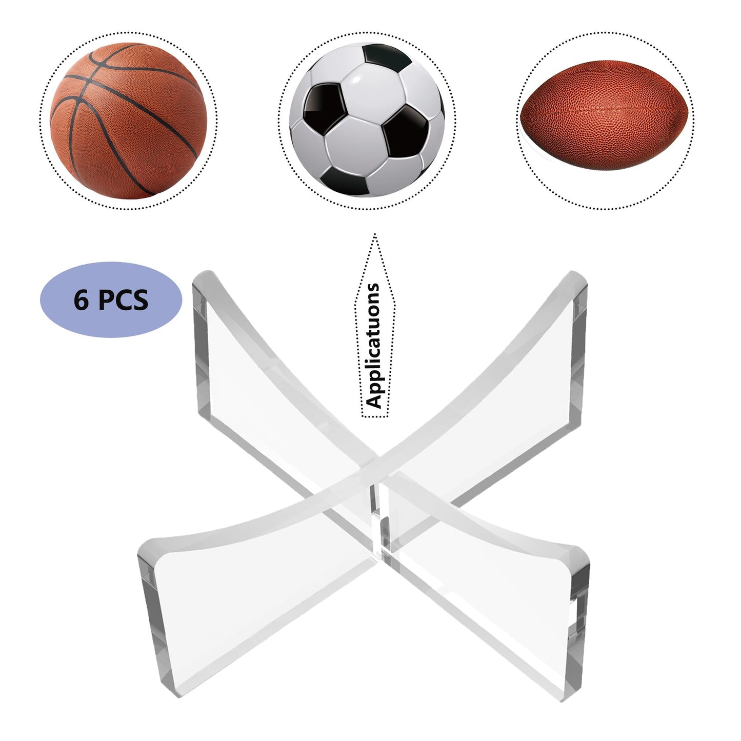 HEMYLU Acrylic Ball Stand Holder, 6-Pack Display Stands for Football Basketball Soccer, Volleyball Rugby Clear Case Rack