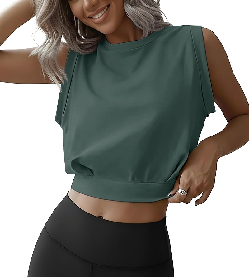 A4 Graphite Green Medium: Women Workout Crop Tank Top Sleeveless Gym Yoga