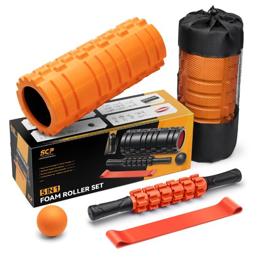5-in-1 Deep Tissue Foam Roller Set for Muscle Recovery, Yoga & Fitness – High-Density Roller, Massage Stick, Ball, Resistance Band – Portable for Back, Legs
