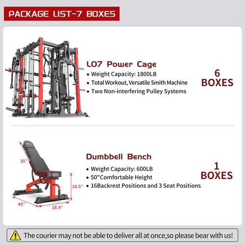 Power Cage Smith Machine Power Rack Multifunctional Deep Squat Rack Cable Crossover System Selectable More Training Attachment for Garage & Home Gym (RED, B Set L07 Smith Machine+Weight Bench)