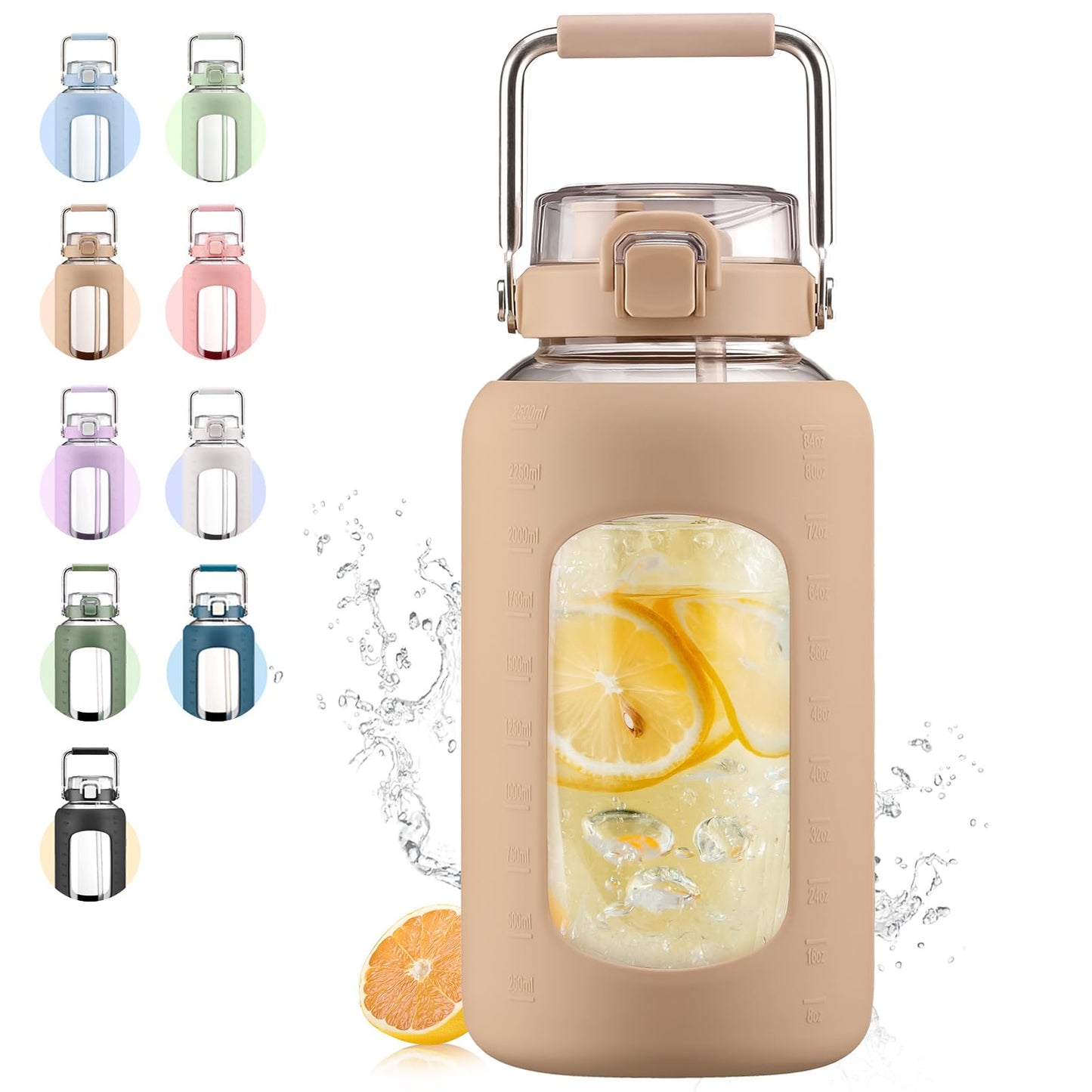 WINSA 84oz Glass Water Bottle with Stainless Steel Handle,2.4L Gallon Water Bottle with 2-IN-1 Straw Lid, Silicone Sleeve and Motivational Capacity Marker, Wide Mouth Water Jug For Gym, Workout, Amber