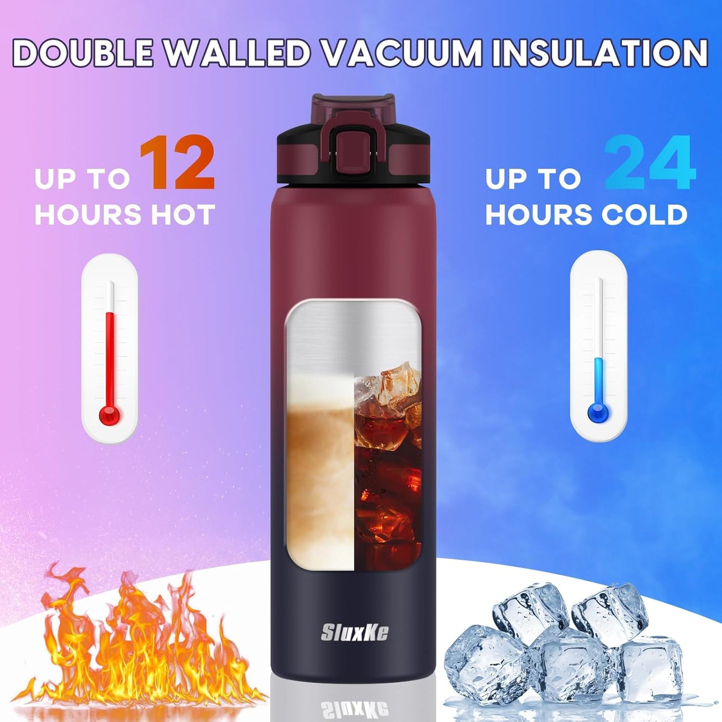 24oz Leakproof Vacuum Insulated Water Bottle, Ideal for Hot or Cold Drinks, Double wall Straw Drinking Bottle, BPA-Free, Prefect for Sport,School, Office, Fitness