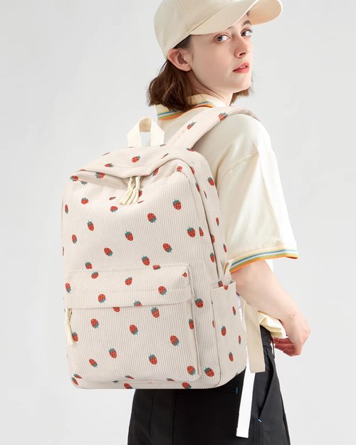 Tanweibago Backpack for Girls Boy Teen Corduroy Bookbags Elementary Middle High School Women Laptop Bag with Lunch Box Pencil Bag (Strawberry Beige)