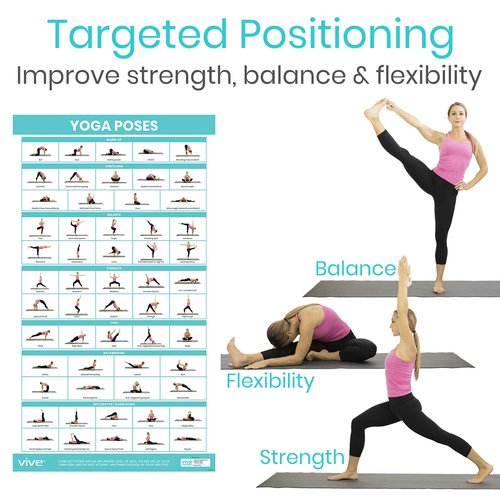 Vive Yoga Poster - Poses for Beginners and Experts - Mat Exercise Home Gym Workout Accessories Set- Double Sided Laminated Flow Chart Accessory - Instructional Guided Routine - for Women, Men