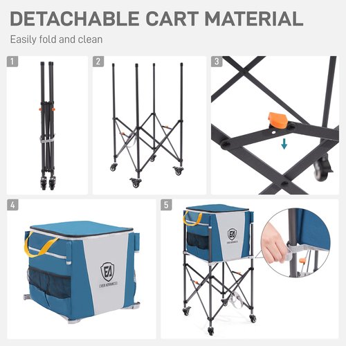 EVER ADVANCED 150 Tennis Capacity Ball Hopper Rolling Ball Cart with Side Pockets, 16.2 x 16.2in Folding Pickleball Basket with Wheels, Sports Equipment Organizer for Baseball Training/Practice, Blue