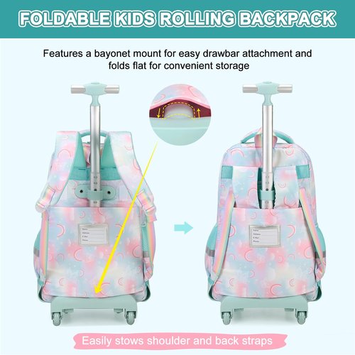 Scothen Rolling Backpack for Girls, 3PCS Roller School Backpacks for Girls with Lunch Bag and Pencil Pouch, Kids Bookbag Schoolbag with Wheels for Teen Girl Kindergarten Elementary Middle School