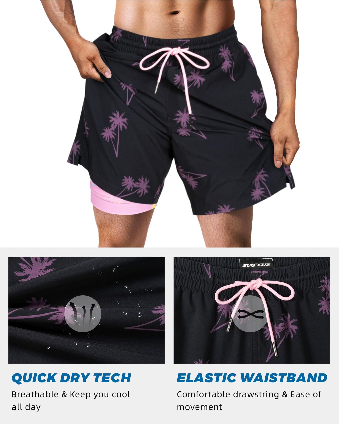 SURF CUZ Mens Swim Trunks with Compression Liner Quick Dry Swim Shorts 7" Swimming Trunks Stretch Zipper Pockets Black Palm Tree Large