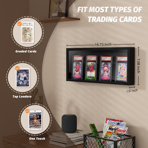 Emfogo Card Display Case, Trading Card Display Frame Wall Mount, Wooden Baseball Card Display Case with Clear View, Graded Sports Card Display for Trading Card Collection (1 Pack-Black)