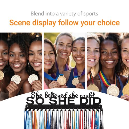 Lapetale Fashion Sports Medal Hanger Display Holder Hook Rack for 60 Medals – She Believed She Could So She Did (16" Wide with 20 Hooks) - Black- Awesome Gifts