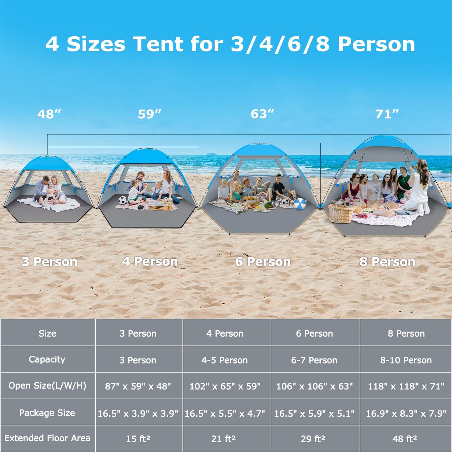 Venustas Beach Tent Sun Shelter for 3/4-5/6-7/8-10 Person, UPF 50+ UV Protection Beach Canopy, Lightweight and Easy Setup Cabana, Portable Beach Shade Tent