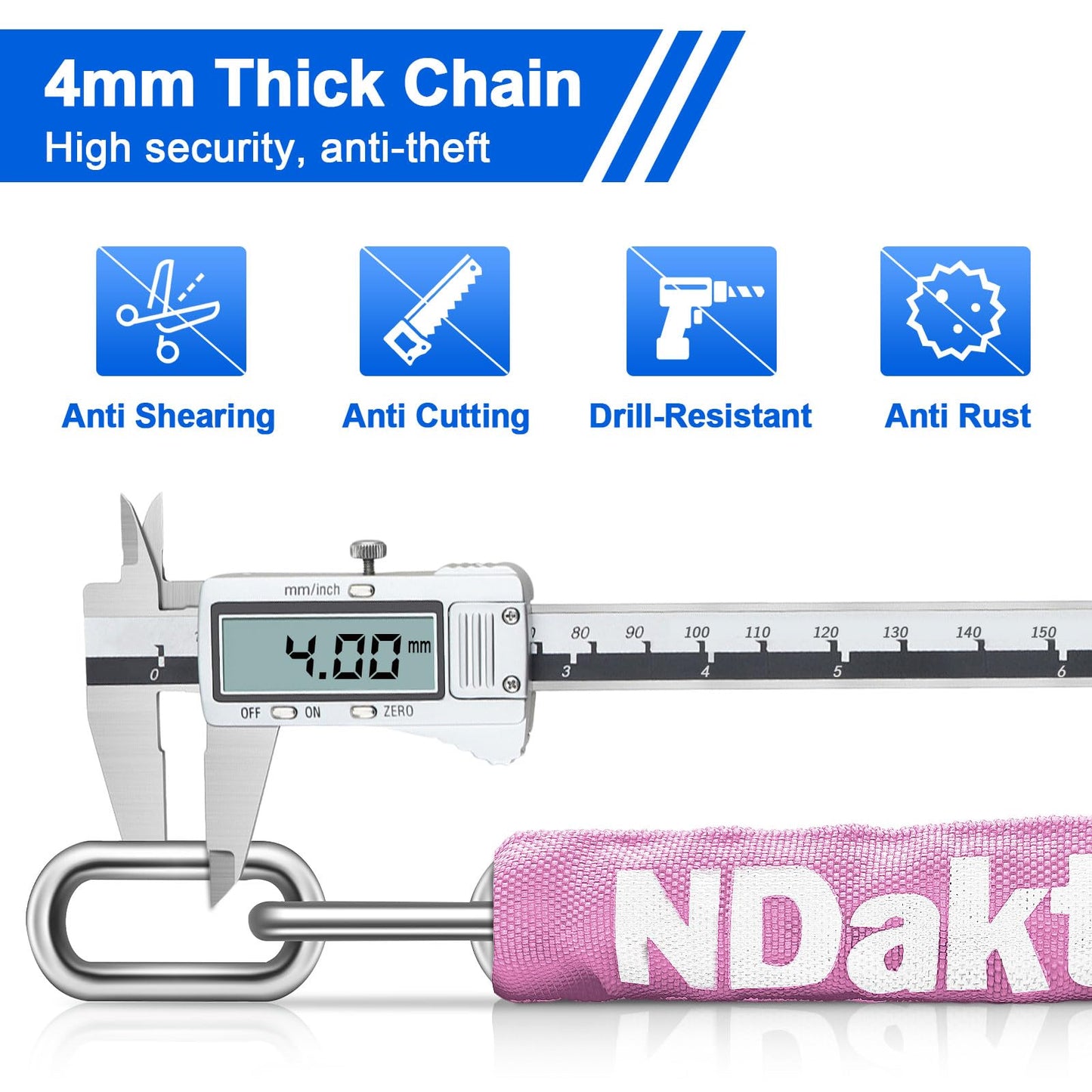 NDakter Bike Chain Lock, 5 Digit Combination Heavy Duty Anti Theft Bicycle Chain Lock,2.62/3.2/4.27/5/6Ft Long Security Resettable Bike Locks for Bike, Bicycle, Scooter, Door, Gate, Fence-4/6mm Thick