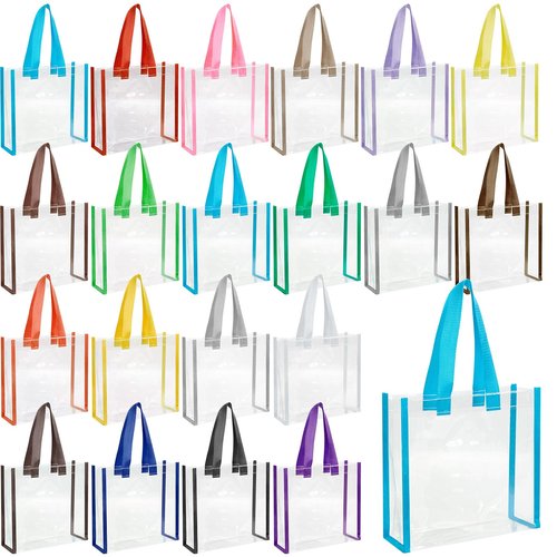 Eccliy 30 Pack 12x12x6 Inch Clear Tote Bag Stadium Approved Bulk Plastic Beach Tote Gift Bag with Handle for Gym Sports(Mixed Colors)