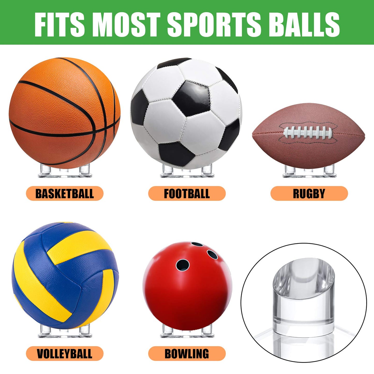 Sumind 4 Pack Acrylic Basketball Stand Holder Clear Sports Ball Storage Football Rack Display Stand for Basketball Football Volleyball Bowling Soccer Rugby Memorabilia Ball Display
