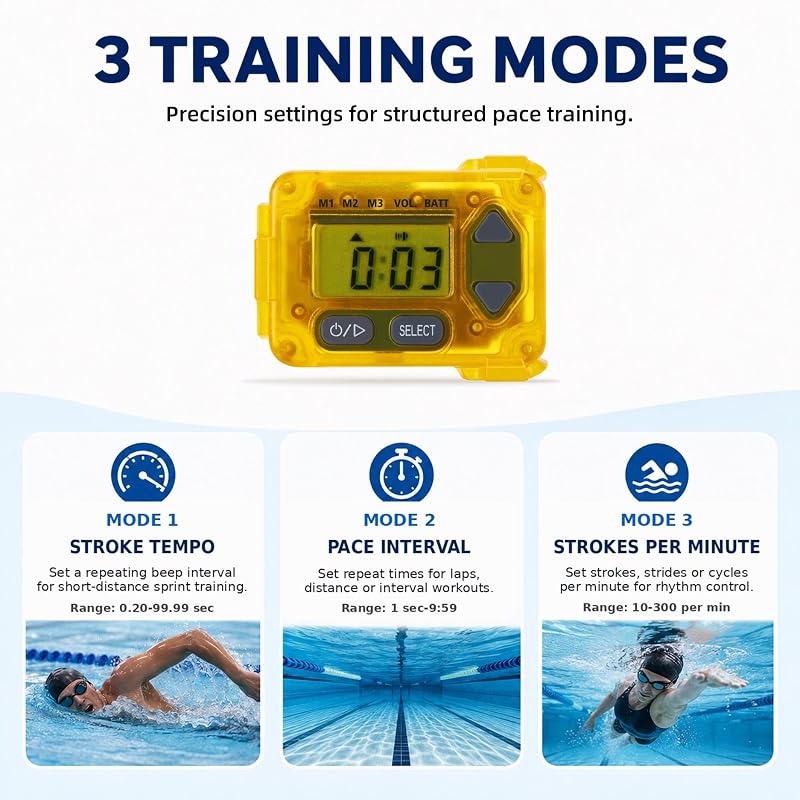 Yellow Swim Tempo Trainer IP68 Waterproof Audible Metronome & Stroke Timer - 3 Training Modes