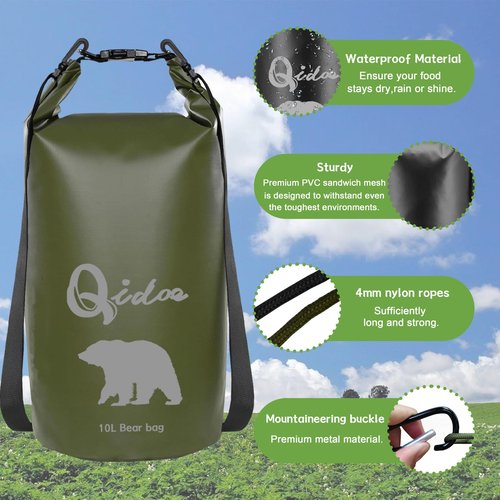 Qidoe Bear-Proof Food Bag Hanging System - 10L Waterproof Bear Bag with Pulley, Ropes, Hooks for Camping, Backpacking