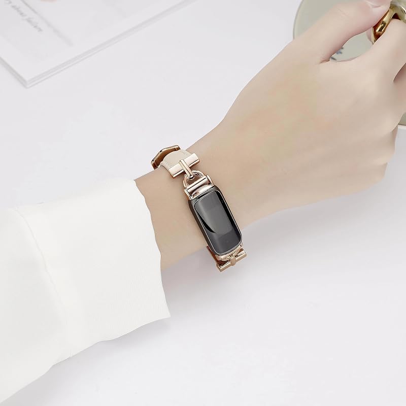 Leather Band for Fitbit Inspire 3 - Beige / Rose Gold, Apawband Variation